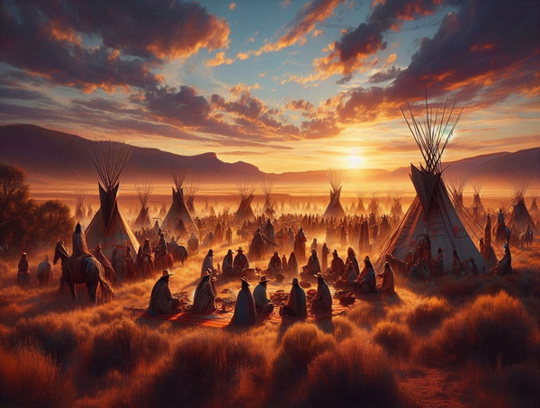A view of a prairie with indigenous people.