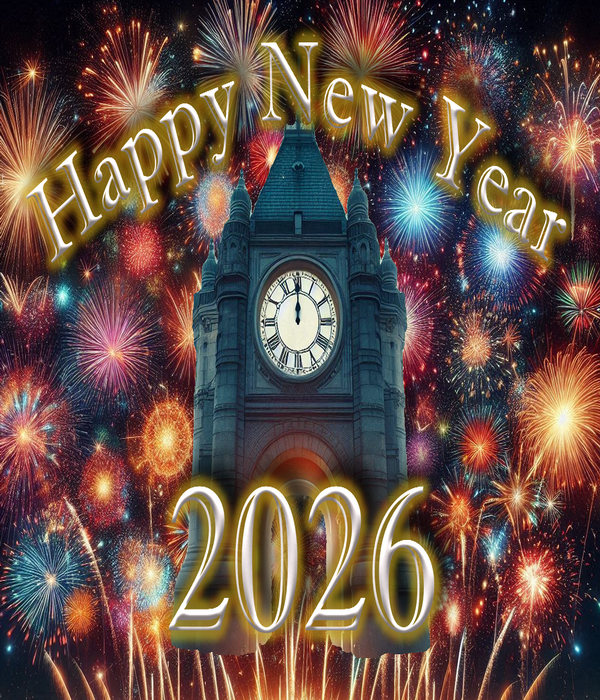 Clock tower showing midnight, fireworks in the background, Message saying Happy New Year 2026 in background. Click on picture for more information