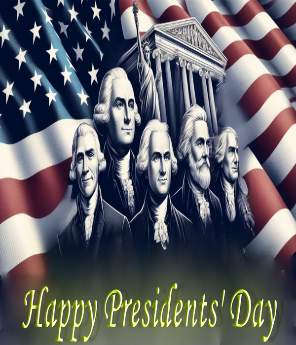 Flag in the background several presidents with the capital building and state of liberty with the message stating Happy Presidents' Day.
